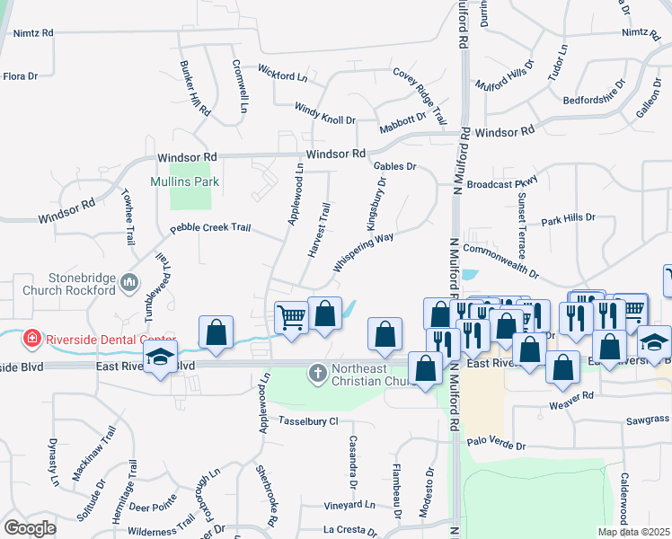 map of restaurants, bars, coffee shops, grocery stores, and more near 5762 Whispering Way in Loves Park