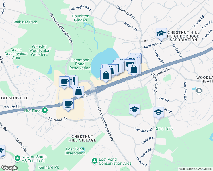 map of restaurants, bars, coffee shops, grocery stores, and more near 55 Boylston Street in Newton
