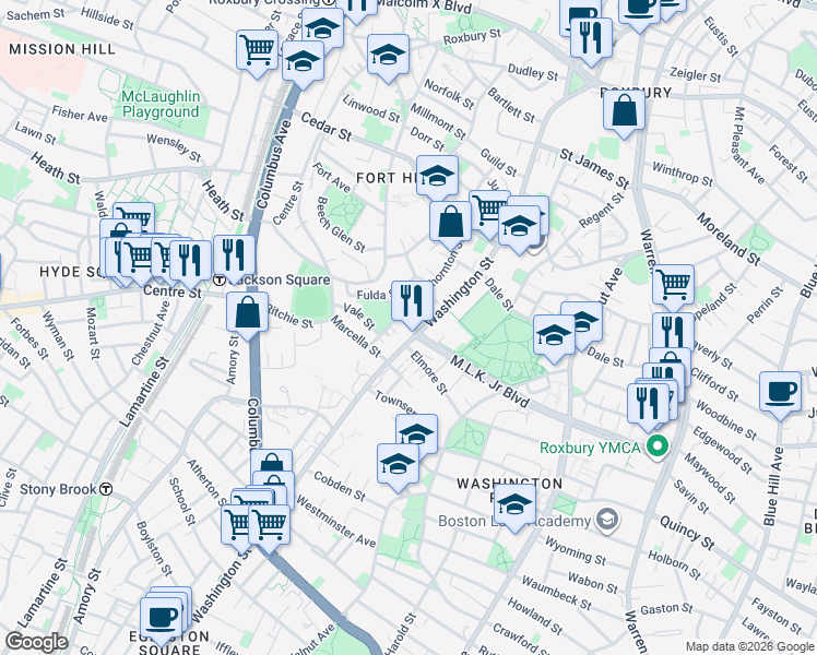map of restaurants, bars, coffee shops, grocery stores, and more near 151 Thornton Street in Boston