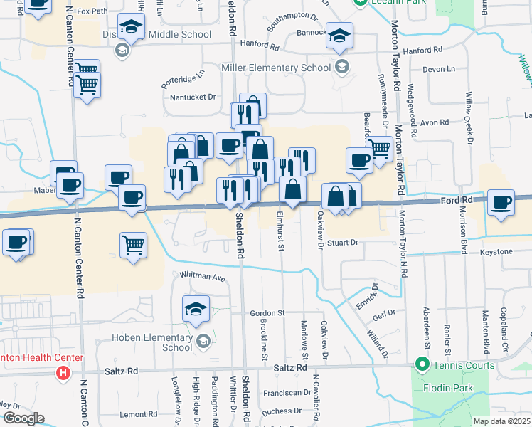 map of restaurants, bars, coffee shops, grocery stores, and more near 13505 North Haggerty Road in Plymouth