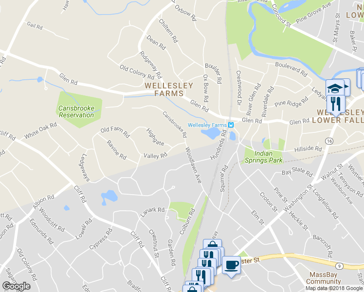 map of restaurants, bars, coffee shops, grocery stores, and more near 8 Valley Road in Wellesley