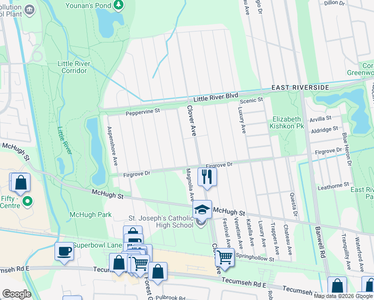 map of restaurants, bars, coffee shops, grocery stores, and more near 1578 Magnolia Avenue in Windsor