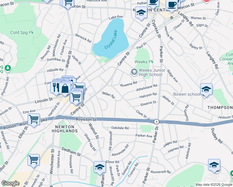 map of restaurants, bars, coffee shops, grocery stores, and more near 96 Rowena Road in Newton