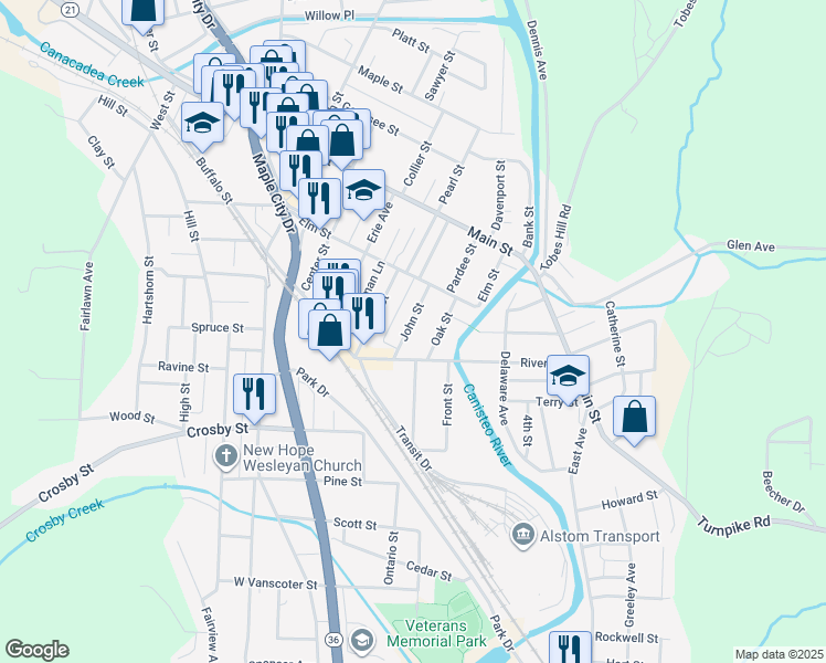 map of restaurants, bars, coffee shops, grocery stores, and more near 47 John Street in Hornell