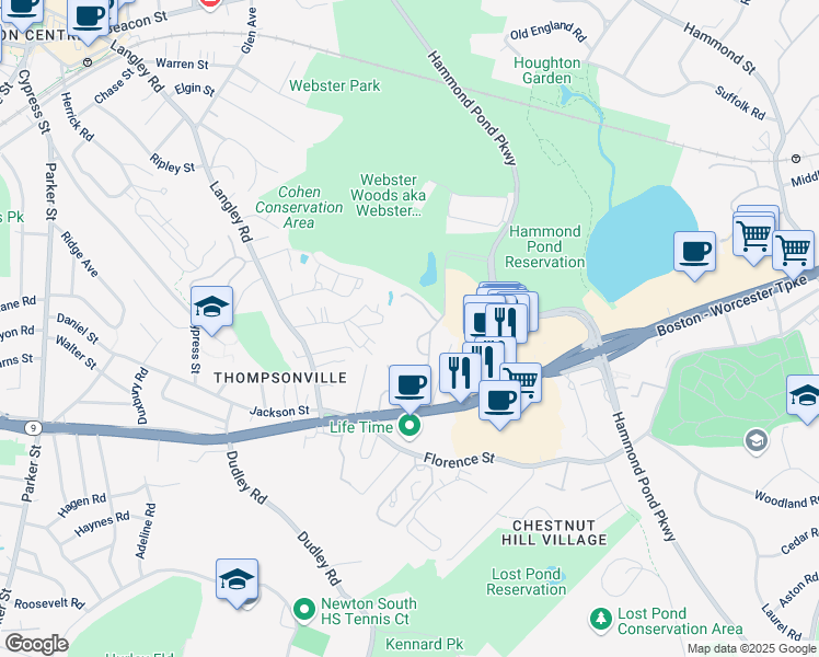map of restaurants, bars, coffee shops, grocery stores, and more near 250 Hammond Pond Pkwy in Brookline