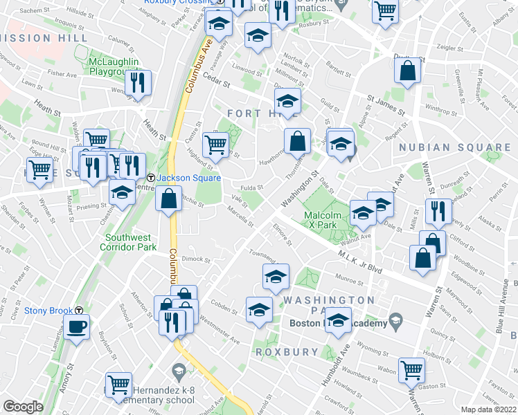 map of restaurants, bars, coffee shops, grocery stores, and more near Thornton St & Thornton Pl in Boston