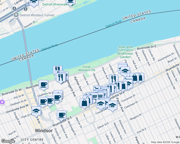 map of restaurants, bars, coffee shops, grocery stores, and more near 833 Riverside Drive East in Windsor