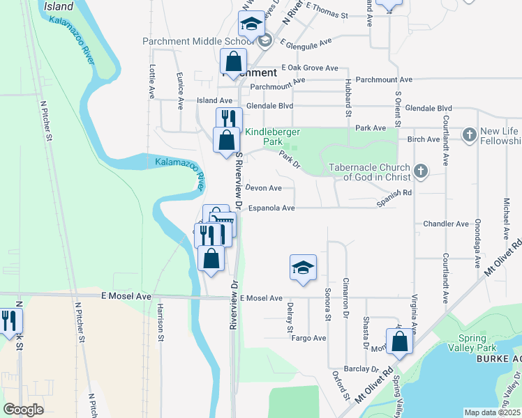 map of restaurants, bars, coffee shops, grocery stores, and more near 134 Espanola Avenue in Parchment