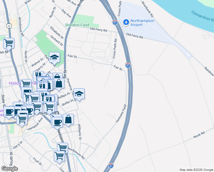 map of restaurants, bars, coffee shops, grocery stores, and more near 134 Cross Path Road in Northampton