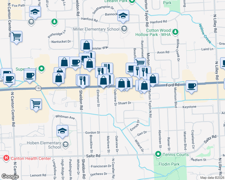 map of restaurants, bars, coffee shops, grocery stores, and more near 43710 Ford Road in Canton