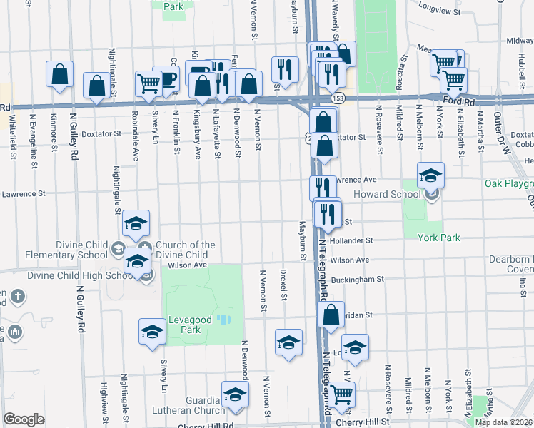 map of restaurants, bars, coffee shops, grocery stores, and more near 1600 North Vernon Street in Dearborn