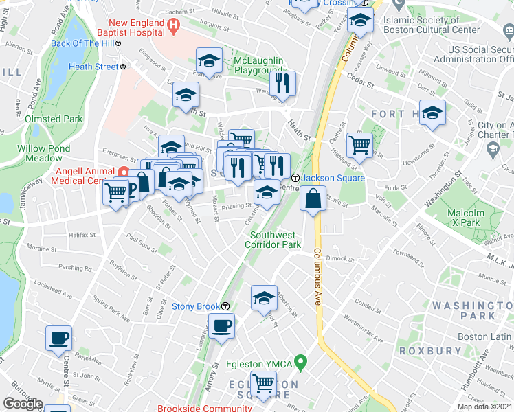 map of restaurants, bars, coffee shops, grocery stores, and more near Chestnut Ave & Roys St in Boston