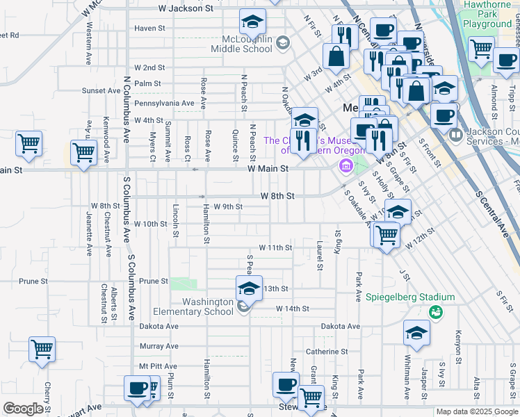 map of restaurants, bars, coffee shops, grocery stores, and more near 1009 West 9th Street in Medford