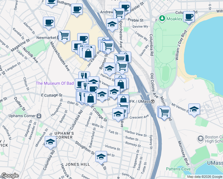 map of restaurants, bars, coffee shops, grocery stores, and more near 20 Mount Vernon Street in Boston