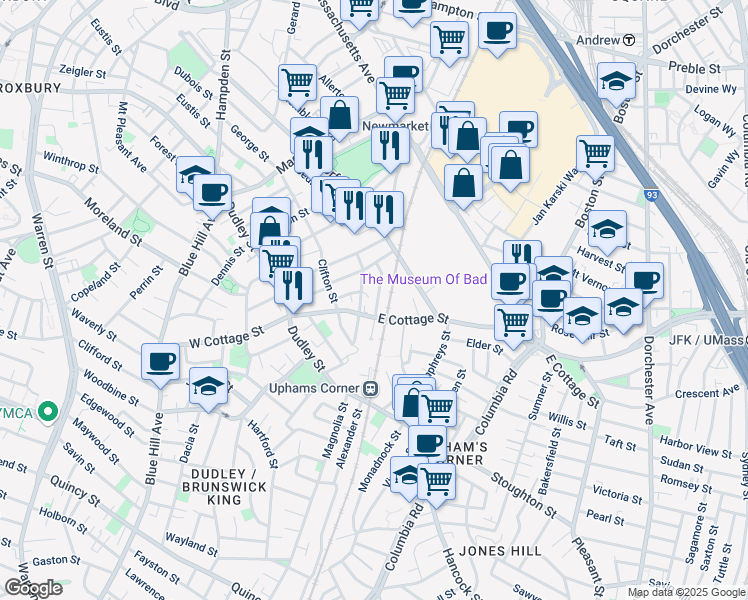 map of restaurants, bars, coffee shops, grocery stores, and more near 23 Robey Street in Boston