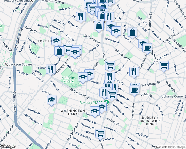 map of restaurants, bars, coffee shops, grocery stores, and more near 44 Rockland Street in Boston