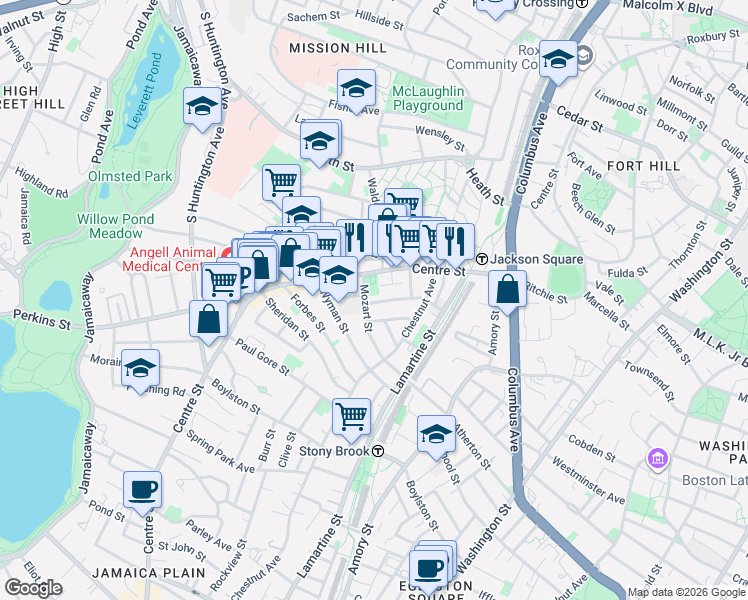 map of restaurants, bars, coffee shops, grocery stores, and more near 10 Mozart Street in Boston