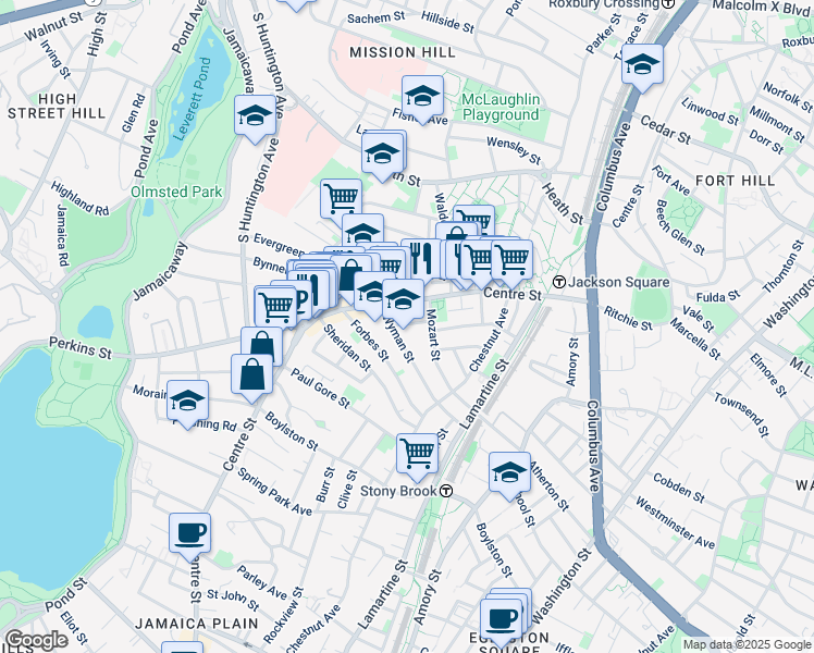 map of restaurants, bars, coffee shops, grocery stores, and more near 334 Centre Street in Boston