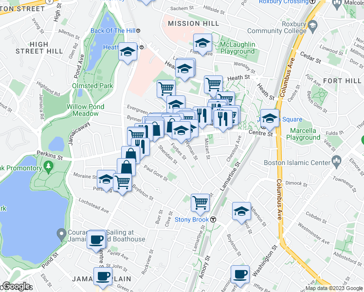 map of restaurants, bars, coffee shops, grocery stores, and more near 358a Centre Street in Boston