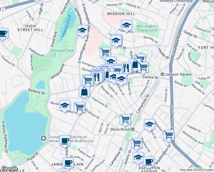 map of restaurants, bars, coffee shops, grocery stores, and more near 358a Centre Street in Boston