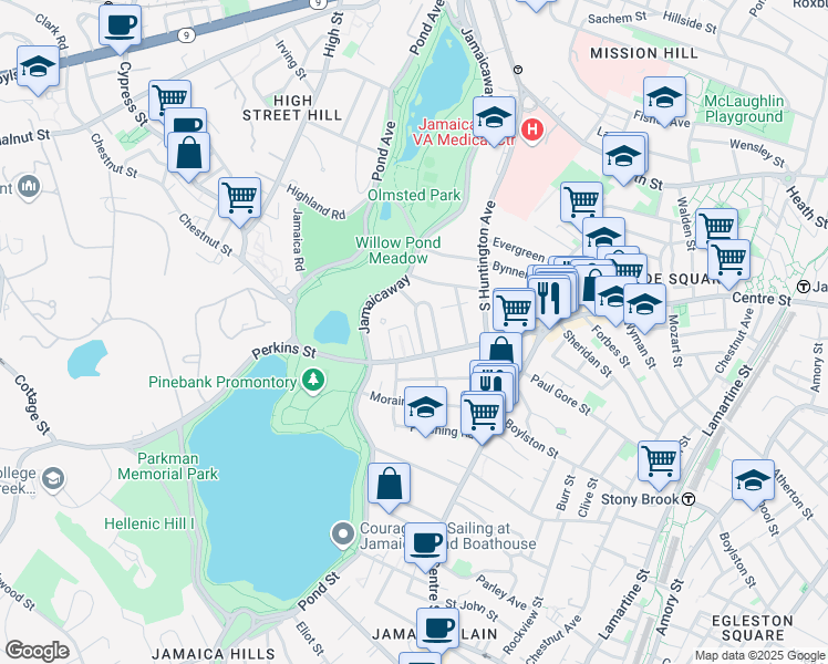 map of restaurants, bars, coffee shops, grocery stores, and more near 69 Parkton Road in Boston