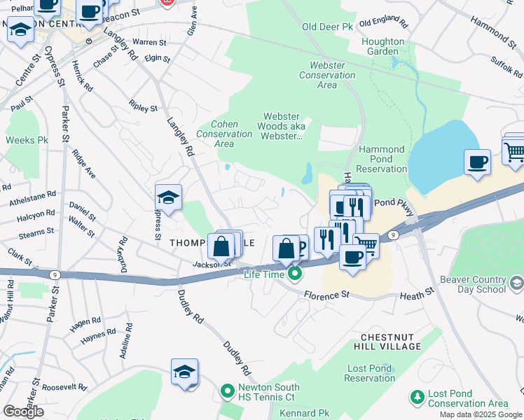 map of restaurants, bars, coffee shops, grocery stores, and more near 50 Beecher Place in Newton