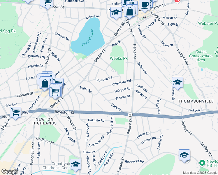 map of restaurants, bars, coffee shops, grocery stores, and more near 71 Athelstane Road in Newton