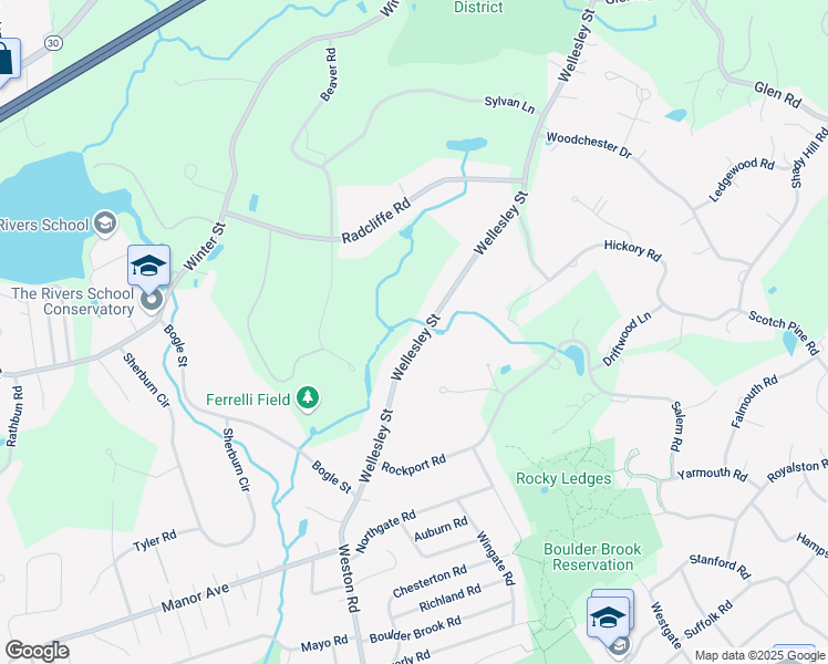 map of restaurants, bars, coffee shops, grocery stores, and more near 679 Wellesley Street in Weston
