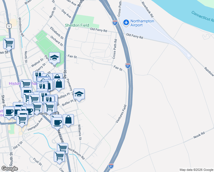 map of restaurants, bars, coffee shops, grocery stores, and more near 134 Cross Path Road in Northampton