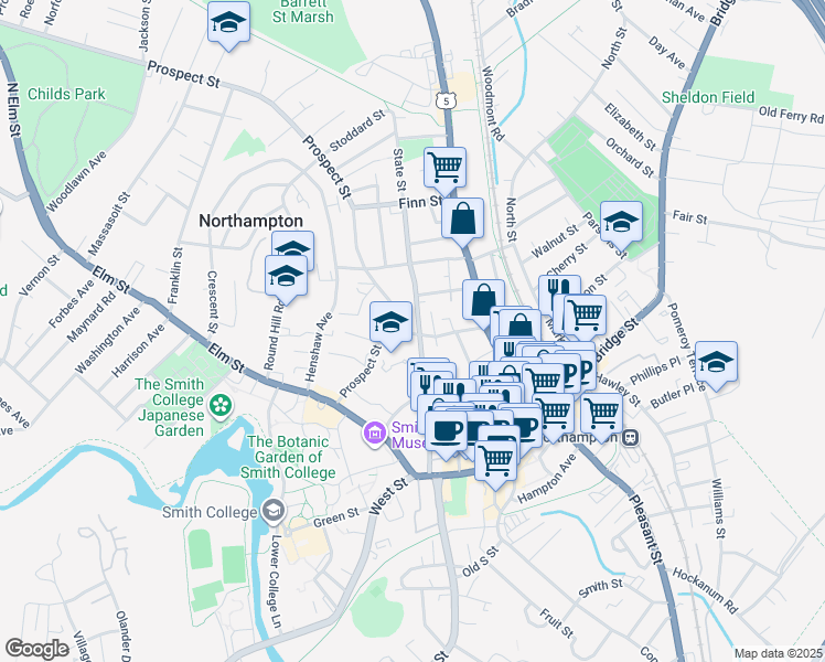 map of restaurants, bars, coffee shops, grocery stores, and more near 131 State Street in Northampton