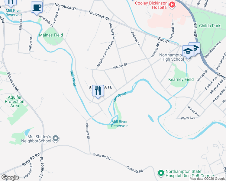map of restaurants, bars, coffee shops, grocery stores, and more near 11 Norwood Avenue in Northampton