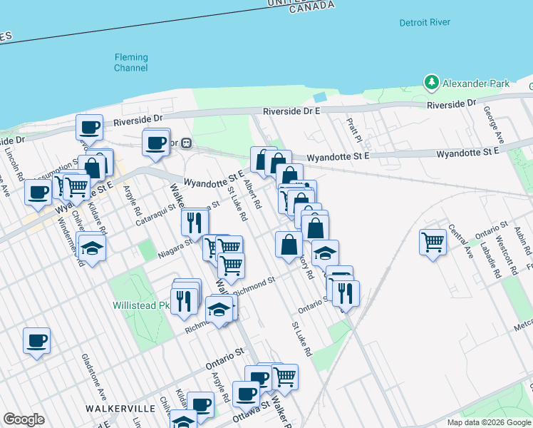 map of restaurants, bars, coffee shops, grocery stores, and more near in Windsor