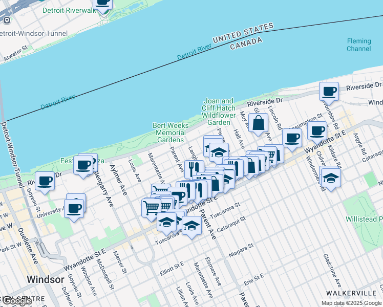 map of restaurants, bars, coffee shops, grocery stores, and more near 277 Langlois Avenue in Windsor