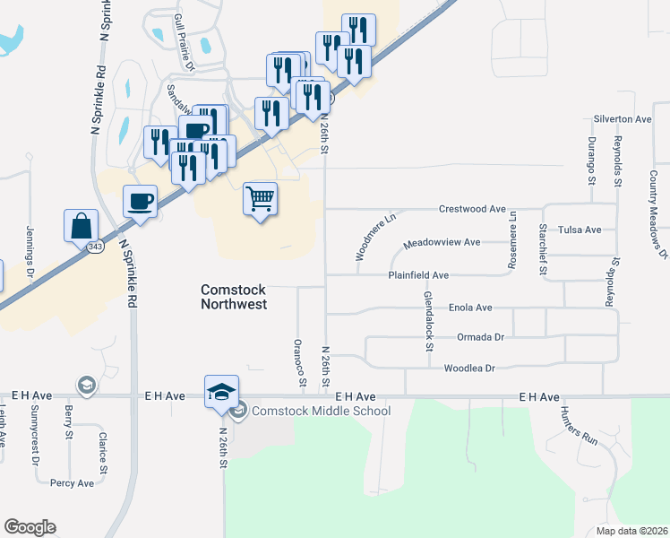 map of restaurants, bars, coffee shops, grocery stores, and more near 3760 North 26th Street in Kalamazoo