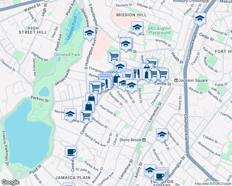 map of restaurants, bars, coffee shops, grocery stores, and more near 11 Forbes Street in Boston