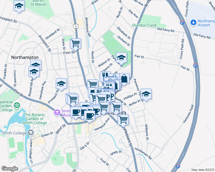 map of restaurants, bars, coffee shops, grocery stores, and more near 8 Graves Avenue in Northampton