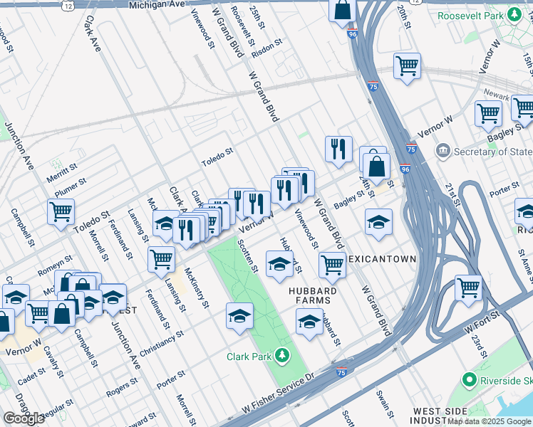 map of restaurants, bars, coffee shops, grocery stores, and more near 4000 Vernor Highway in Detroit