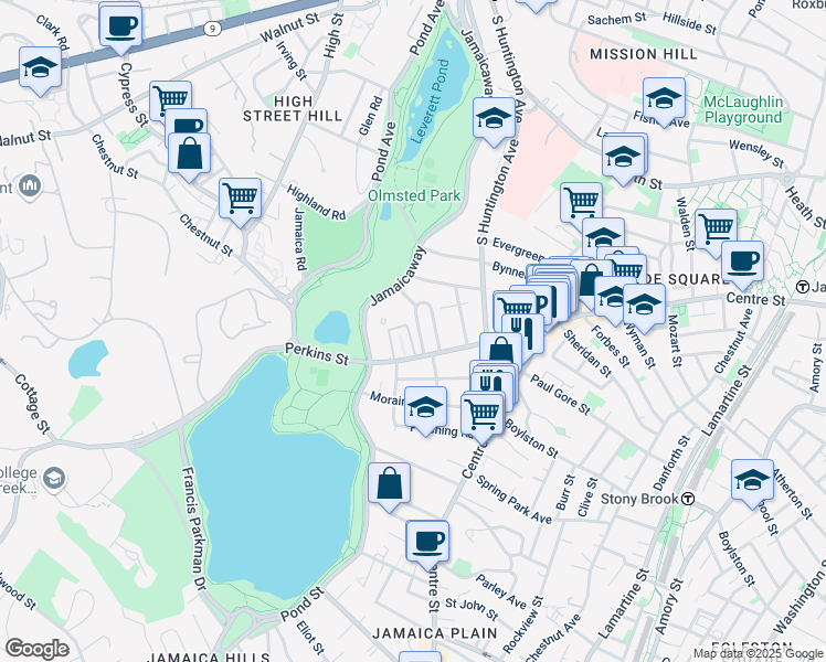 map of restaurants, bars, coffee shops, grocery stores, and more near 69 Parkton Road in Boston