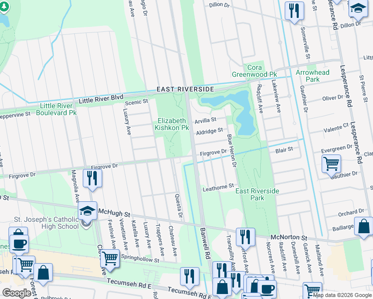 map of restaurants, bars, coffee shops, grocery stores, and more near 1675 Banwell Road in Windsor