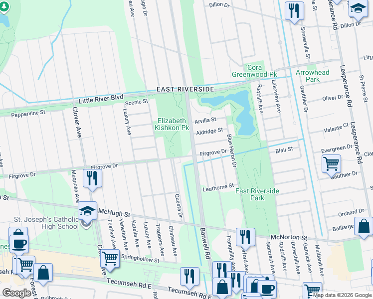 map of restaurants, bars, coffee shops, grocery stores, and more near 1675 Banwell Road in Windsor