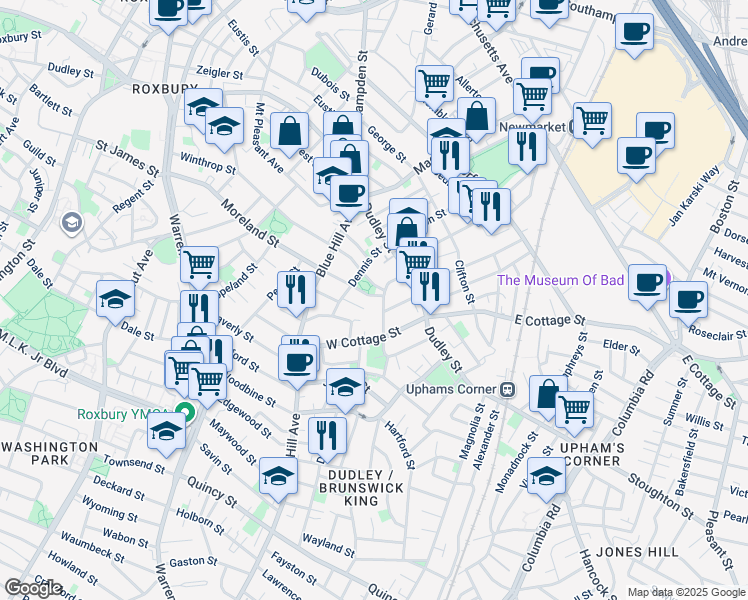 map of restaurants, bars, coffee shops, grocery stores, and more near 147 Moreland Street in Boston