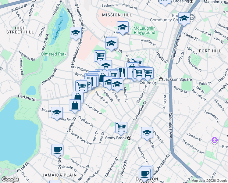 map of restaurants, bars, coffee shops, grocery stores, and more near Wyman St & Bolster St in Boston