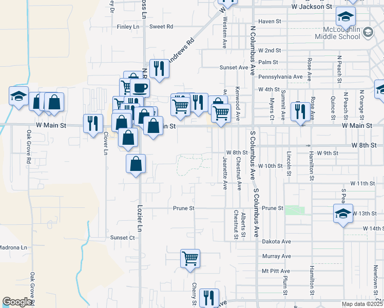 map of restaurants, bars, coffee shops, grocery stores, and more near 1860 W 8th St in Medford