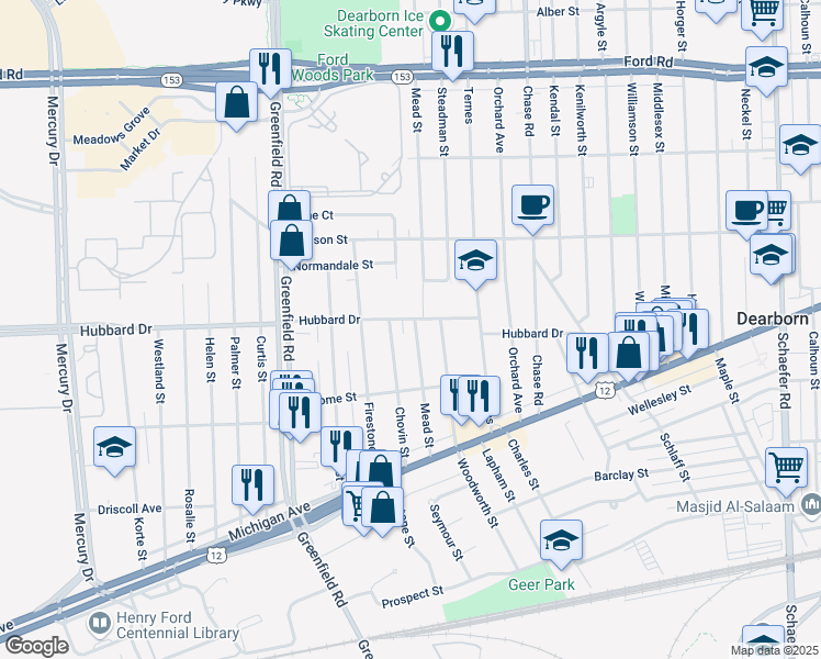map of restaurants, bars, coffee shops, grocery stores, and more near 4835 Mead Street in Dearborn