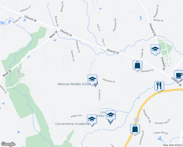 map of restaurants, bars, coffee shops, grocery stores, and more near 130 Pleasant Street in Northborough