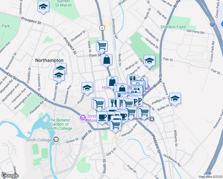 map of restaurants, bars, coffee shops, grocery stores, and more near 6 Trumbull Road in Northampton