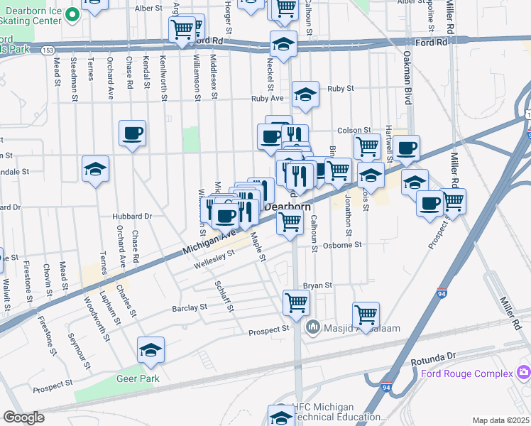 map of restaurants, bars, coffee shops, grocery stores, and more near 4866 Maple Street in Dearborn