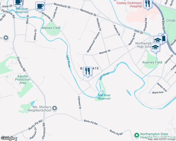 map of restaurants, bars, coffee shops, grocery stores, and more near 26 Liberty Street in Northampton