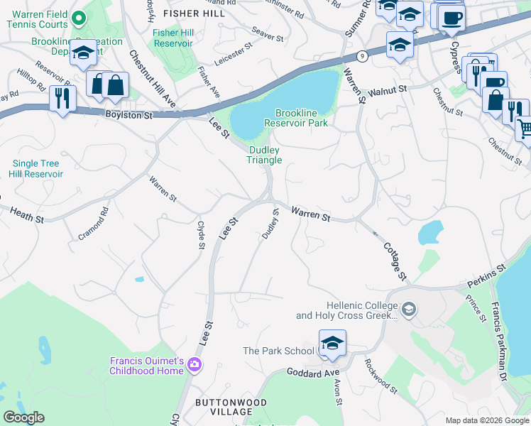 map of restaurants, bars, coffee shops, grocery stores, and more near in Brookline
