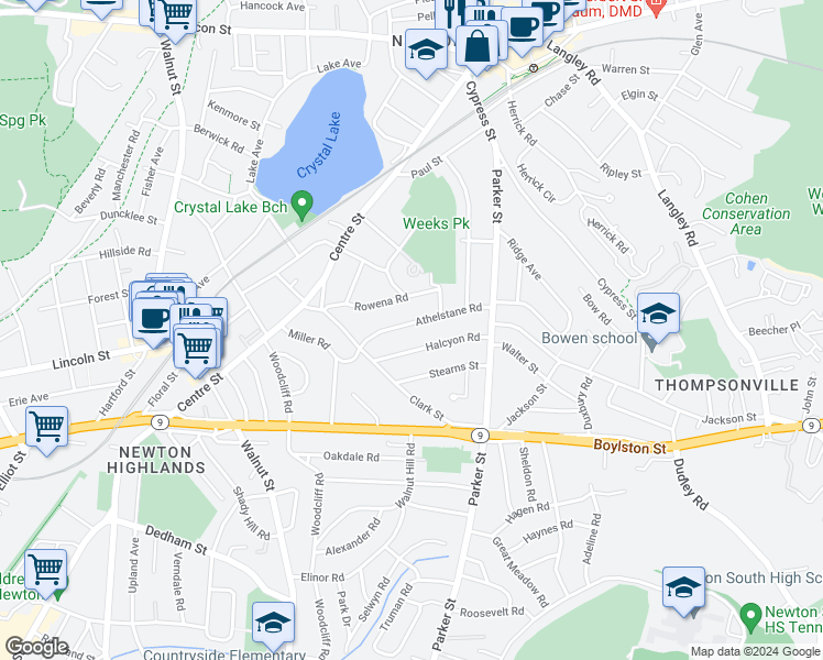 map of restaurants, bars, coffee shops, grocery stores, and more near 68 Athelstane Road in Newton